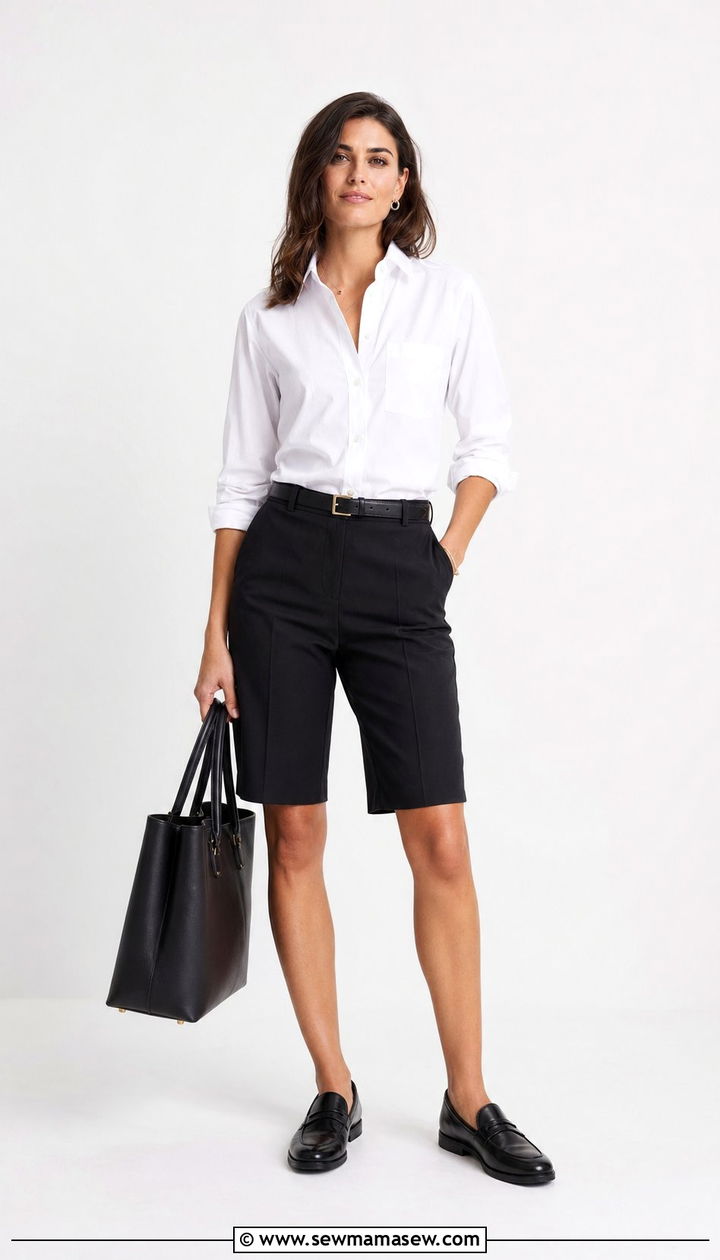 Black Bermuda Shorts and Button Down Shirt - 30 Black shorts outfit ideas