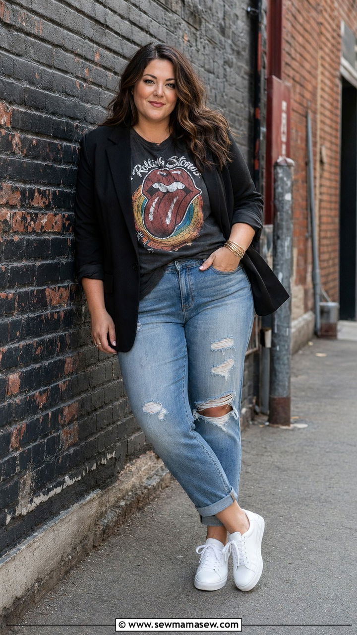 Black Blazer With Graphic Tee And Distressed Jeans - 30 Best blazers for plus size