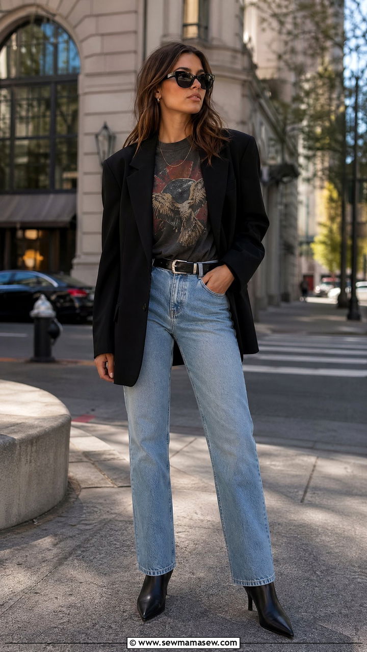 Black Blazer With Graphic Tee And Straight Jeans - 35 casual outfits aesthetic