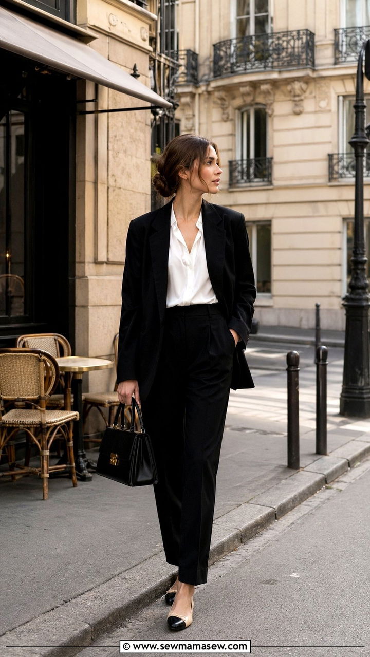 Black Blazer With Tailored Trousers and White Blouse - 35 Parisian spring outfit ideas