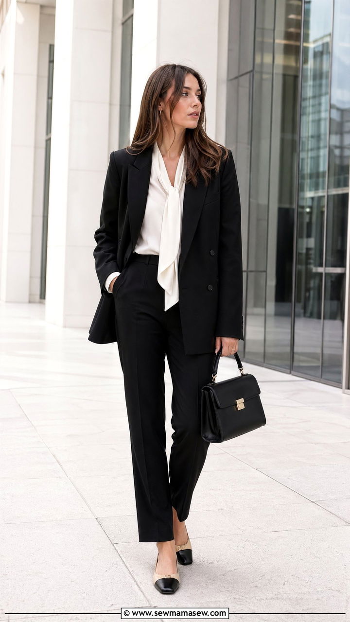 Black Blazer With White Blouse And Black Trousers - 35 spring parisian outfit ideas