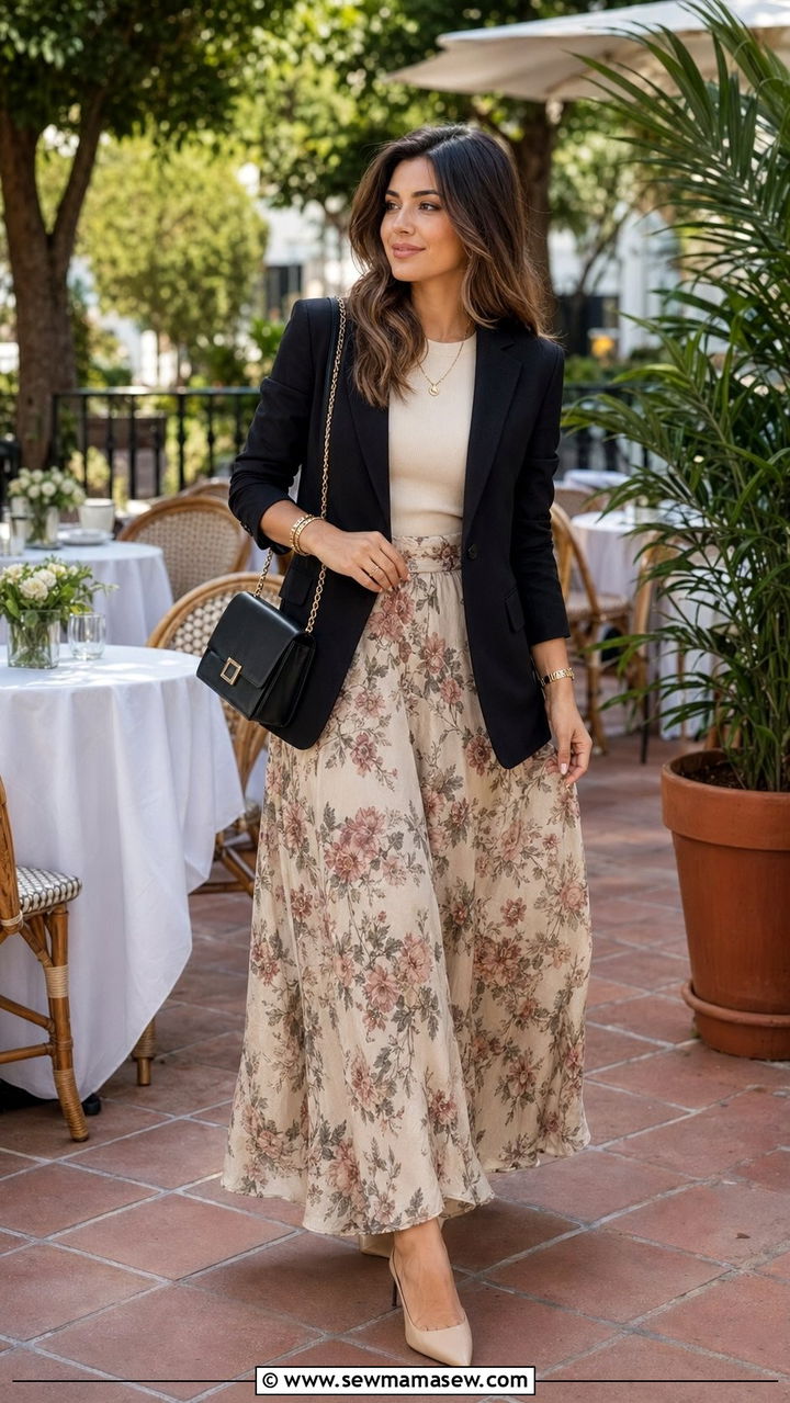 Black Blazer and Floral Maxi Skirt - 35 modest classy outfits
