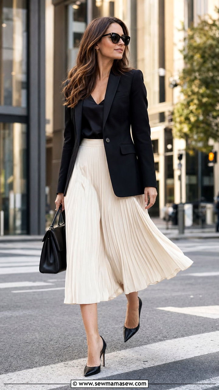 Black Blazer and Ivory Pleated Midi Skirt - 35 Quiet luxury work outfits