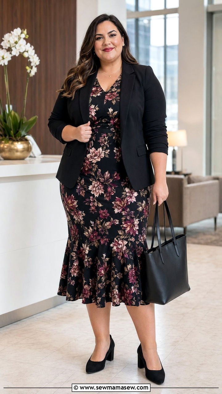 Black Blazer and Printed Midi Dress - 30 Work outfits for plus size