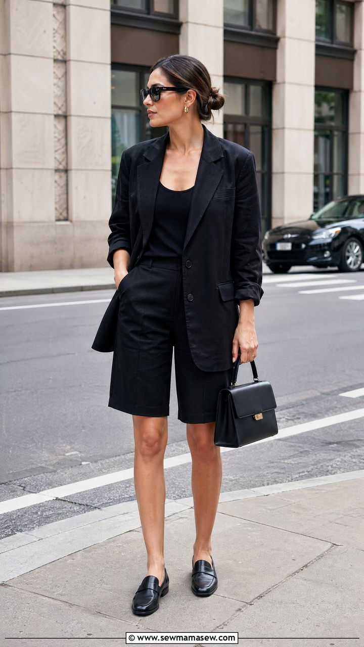 Black Blazer with Black Bermuda Shorts and Loafers - 35 summer all black outfit ideas