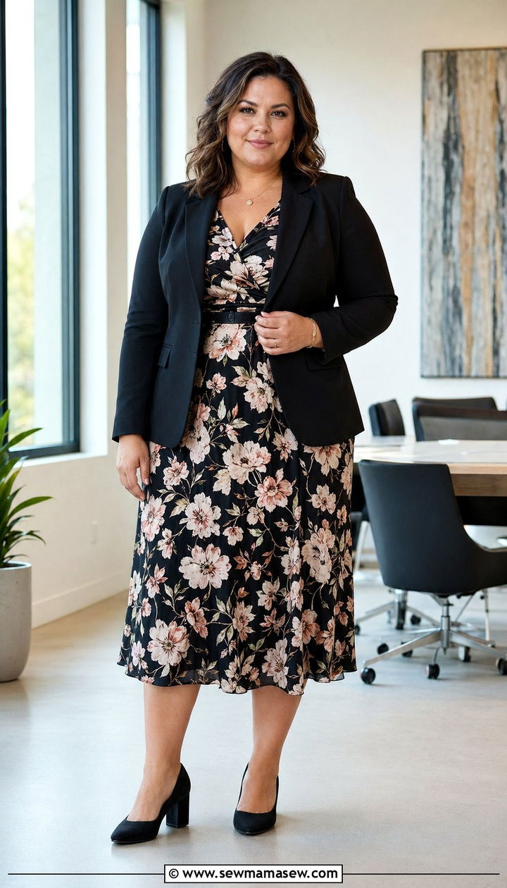 Black Blazer with Printed Midi Dress - 35 Plus size mom outfit ideas