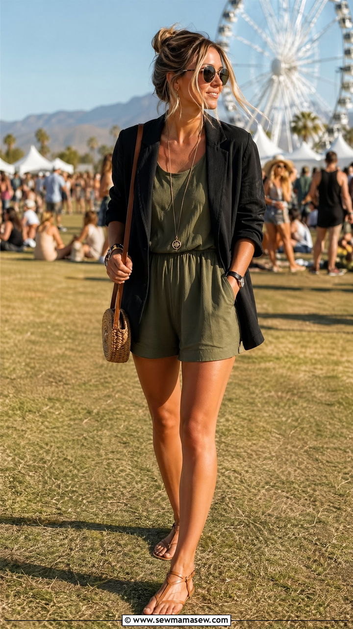 Black Blazer with Romper and Flat Sandals - 35 Summer outfits with blazers