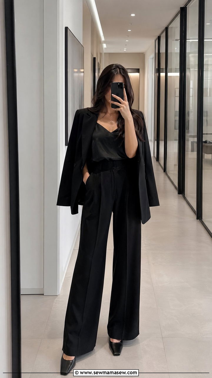 Black Blazer with Wide Leg Trousers and Silk Cami - 35 what to wear to the office