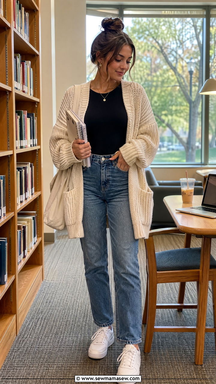 Black Bodysuit with Medium Wash Jeans and Chunky Cardigan - 35 college outfit ideas for women