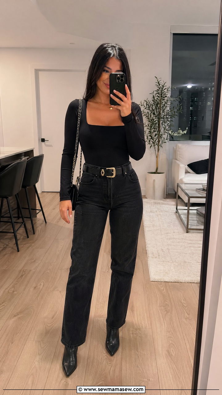 Black Bodysuit with Straight Leg Jeans - 35 straight leg jeans outfit ideas for women
