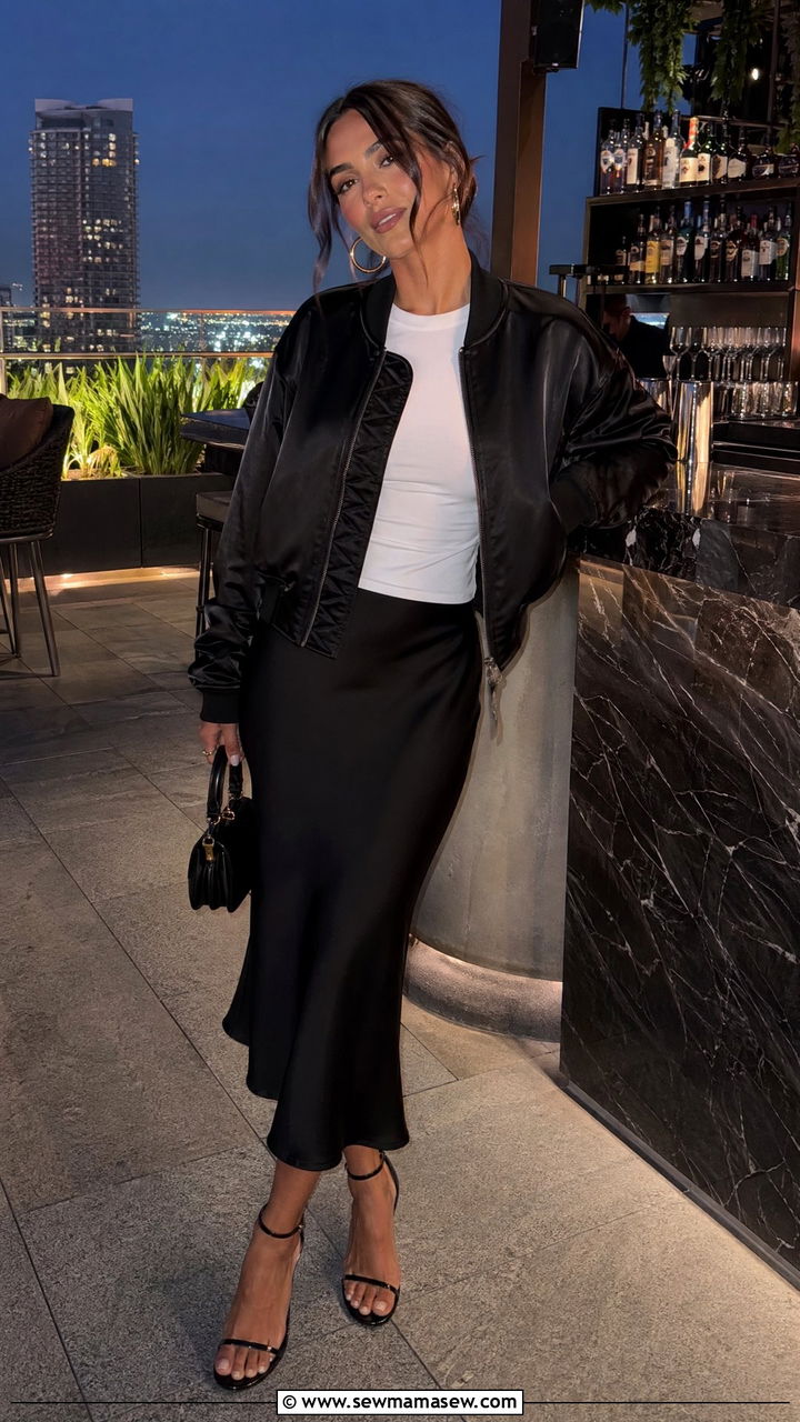 Black Bomber Jacket With Slip Skirt - 35 Spring outfits in black
