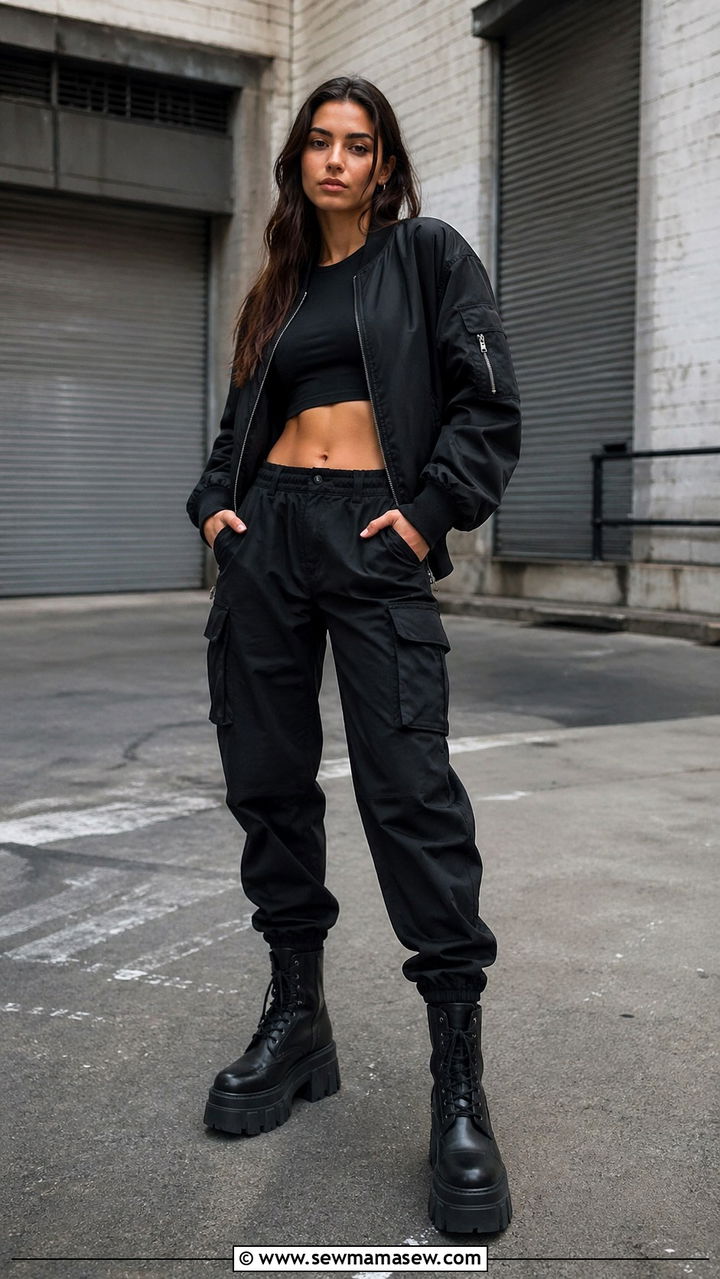 Black Bomber Jacket with Cargo Pants Outfit - 40 All black outfit ideas