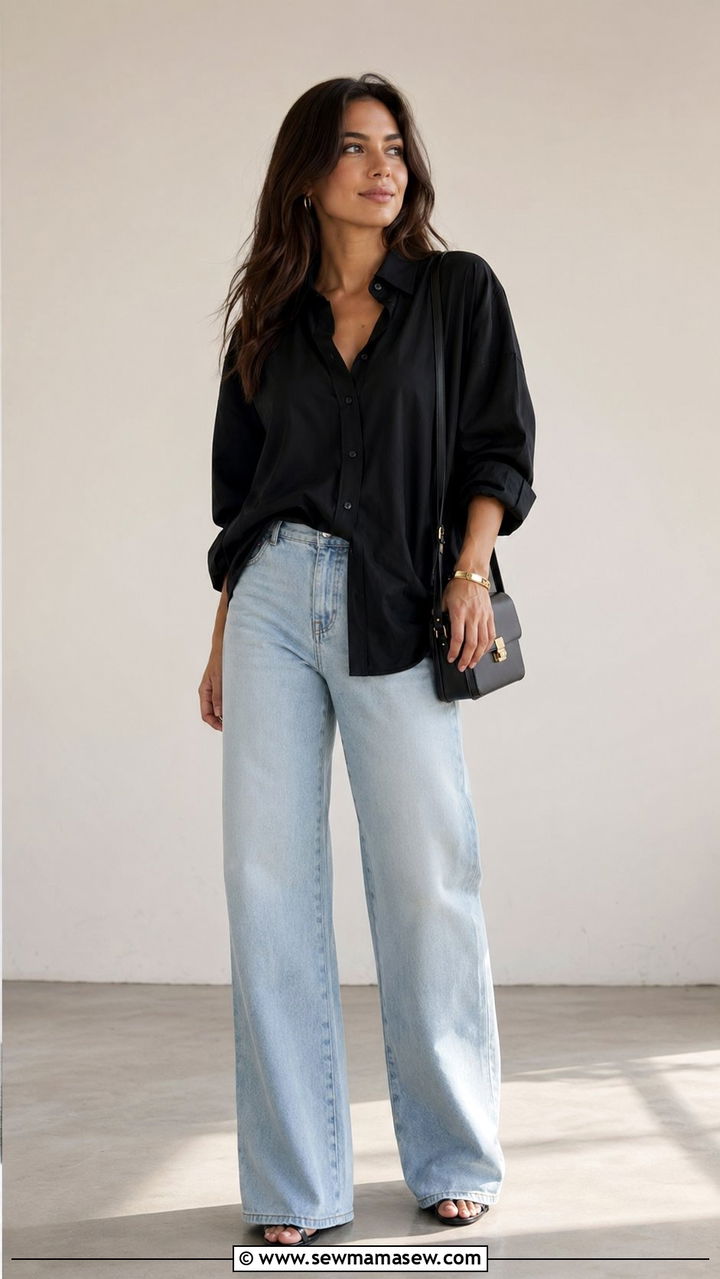 Black Button Down and Wide Leg Jeans Modest Outfit - 35 modest classy outfits aesthetic