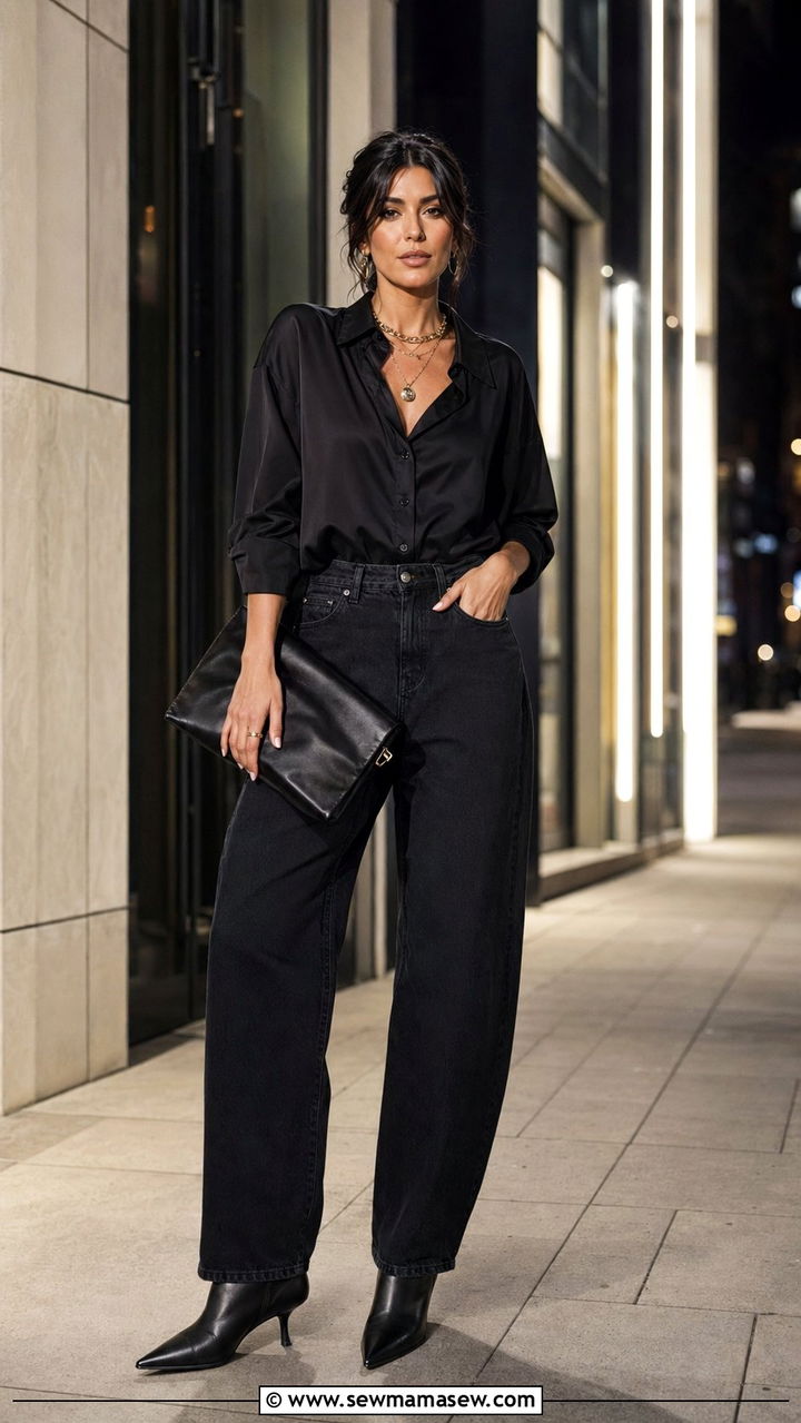 Black Button Down with Black Baggy Jeans and Heeled Boots - 30 Baggy jeans outfit ideas with a button down
