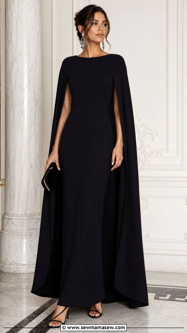 Black Cape Dress With Crystal Statement Earrings And Velvet Clutch - 30 Black dress outfit ideas for wedding guest