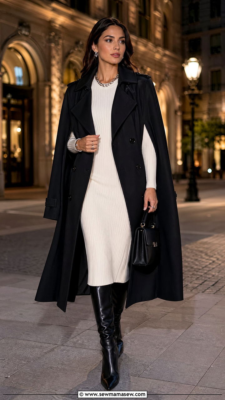 Black Caped Trench Over Ivory Knit Dress - 35 Classy spring outfit ideas 2026
