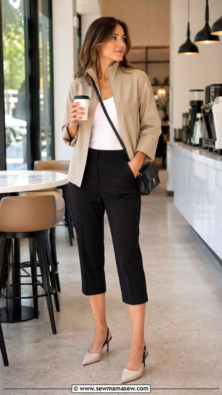 Black Capri Pants With Funnel Neck Jacket and Slingback Pumps - 30 spring capri pants outfit ideas