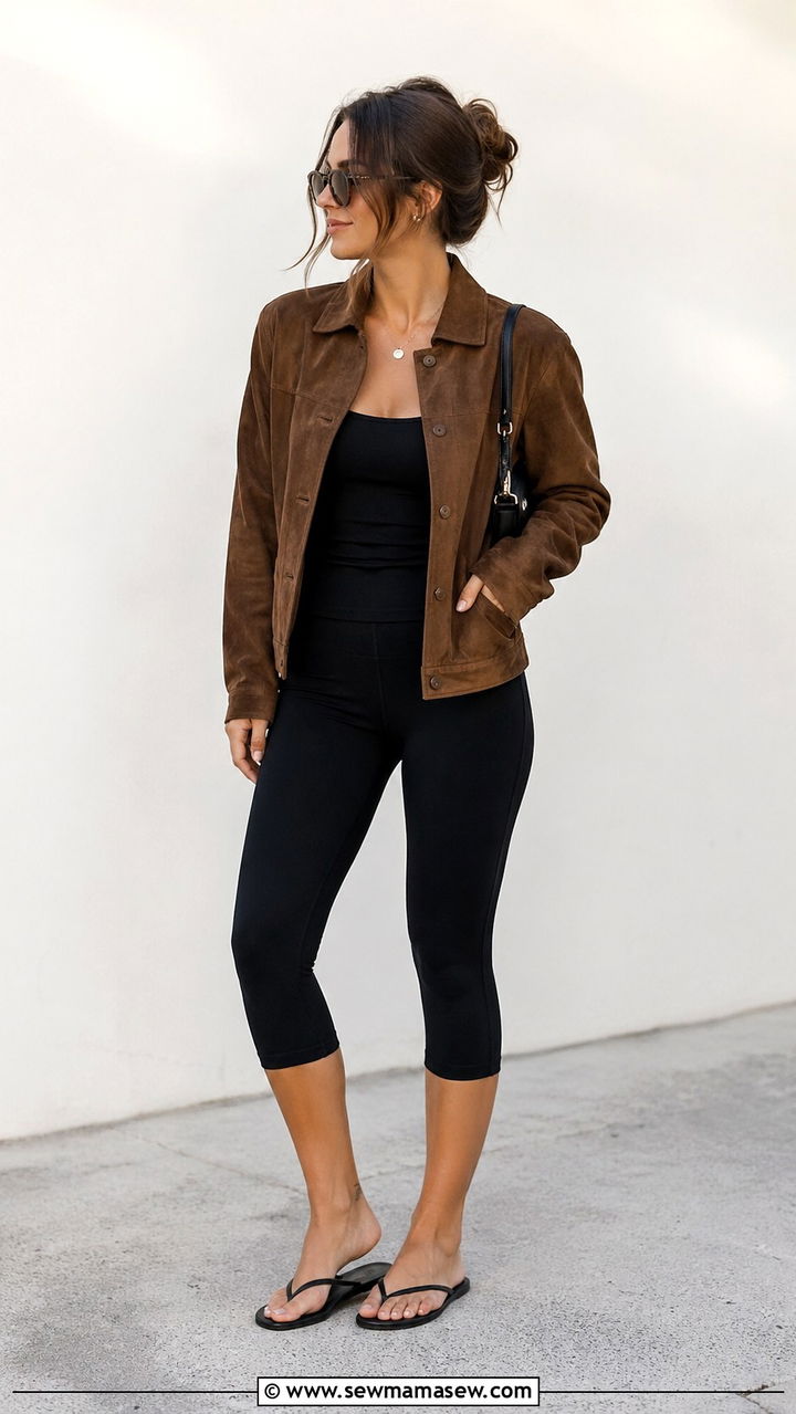 Black Capri Pants With Suede Jacket and Thong Sandals - 30 spring capri pants outfit ideas
