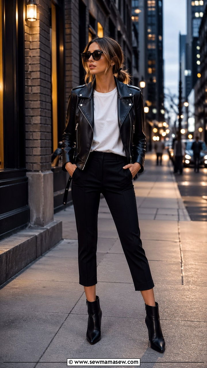 Black Capri Pants With White Tee and Leather Moto Jacket - 30 spring capri pants outfit ideas