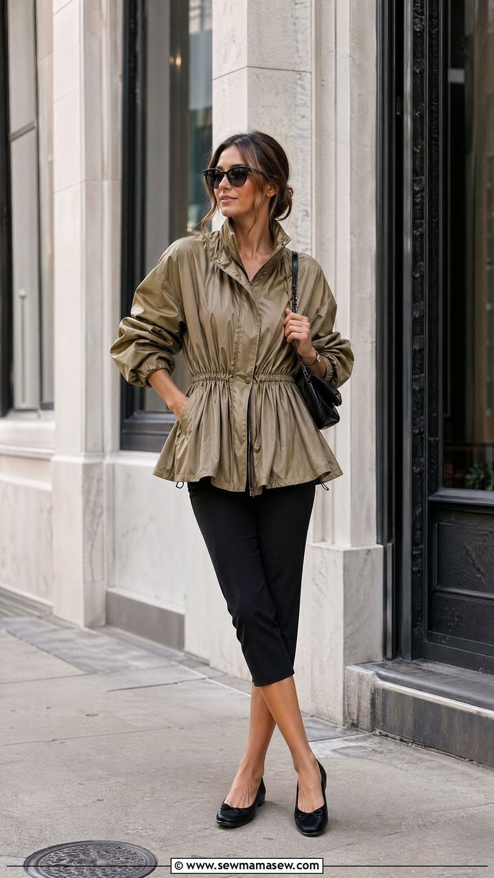 Black Capri Pants with Parachute Jacket and Ballet Flats Outfit - 35 transitional sporty chic outfit ideas