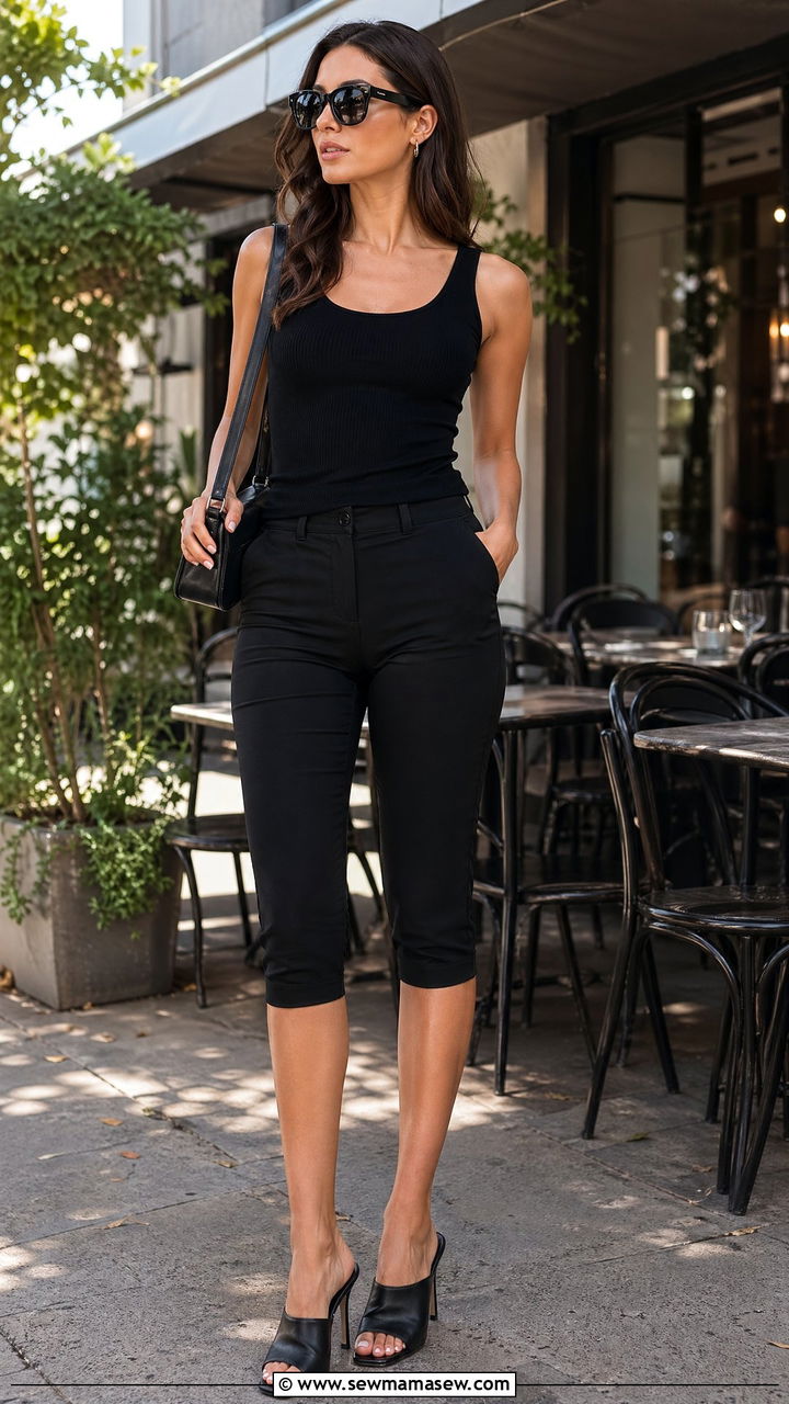 Black Capri Pants with a Black Fitted Ribbed Tank - 35 summer all black outfit ideas