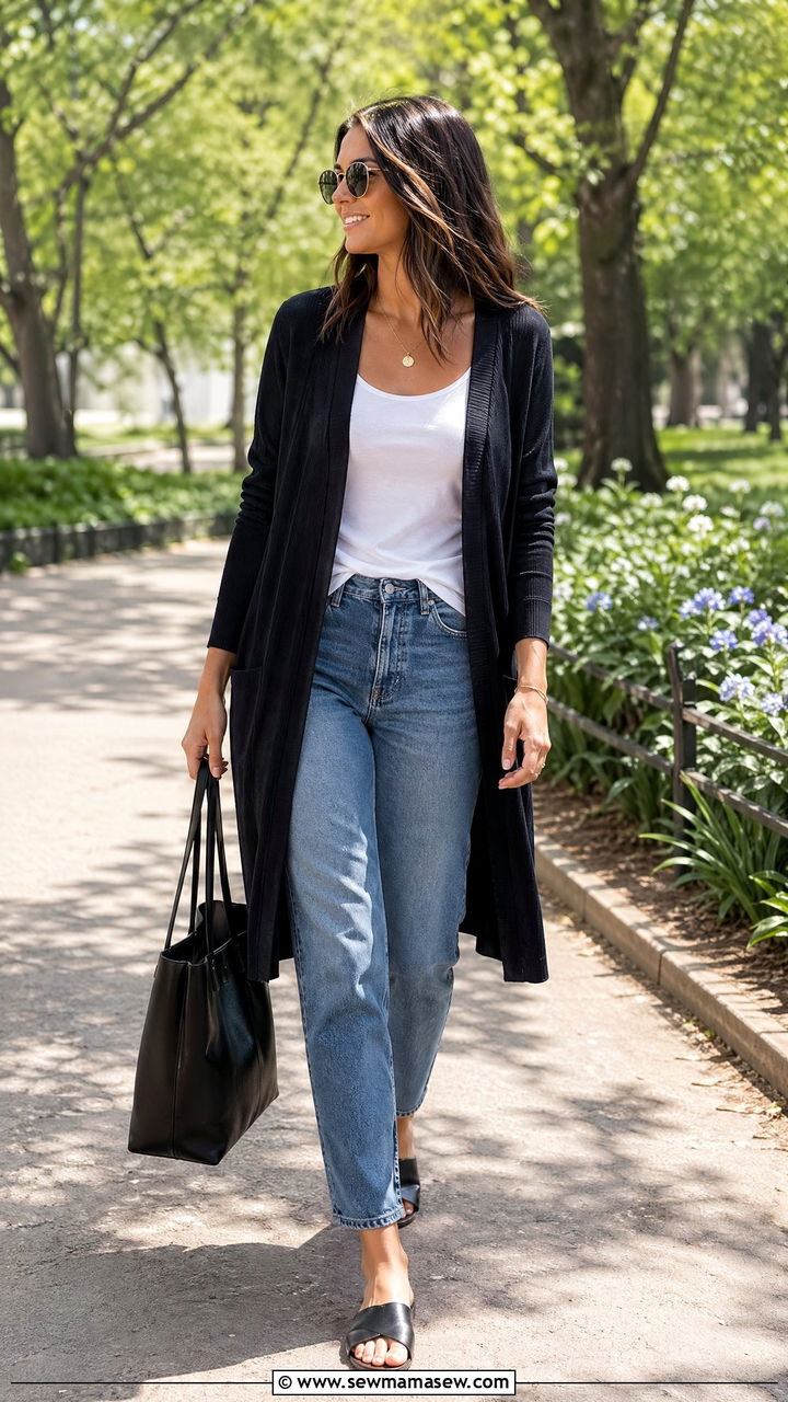 Black Cardigan Over White Tank and Jeans - 35 Spring outfits in black