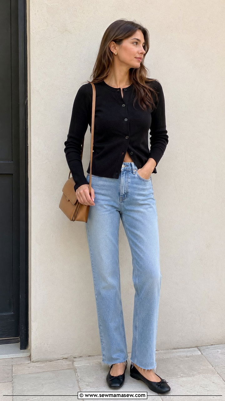 Black Cardigan with Light Wash Straight Leg Jeans Outfit - 35 Spring denim outfits