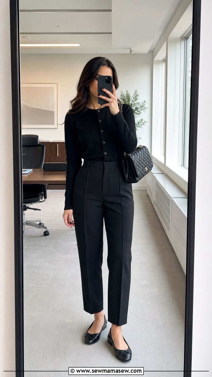 Black Cardigan with Tailored Trousers - 30 Black outfit ideas for work