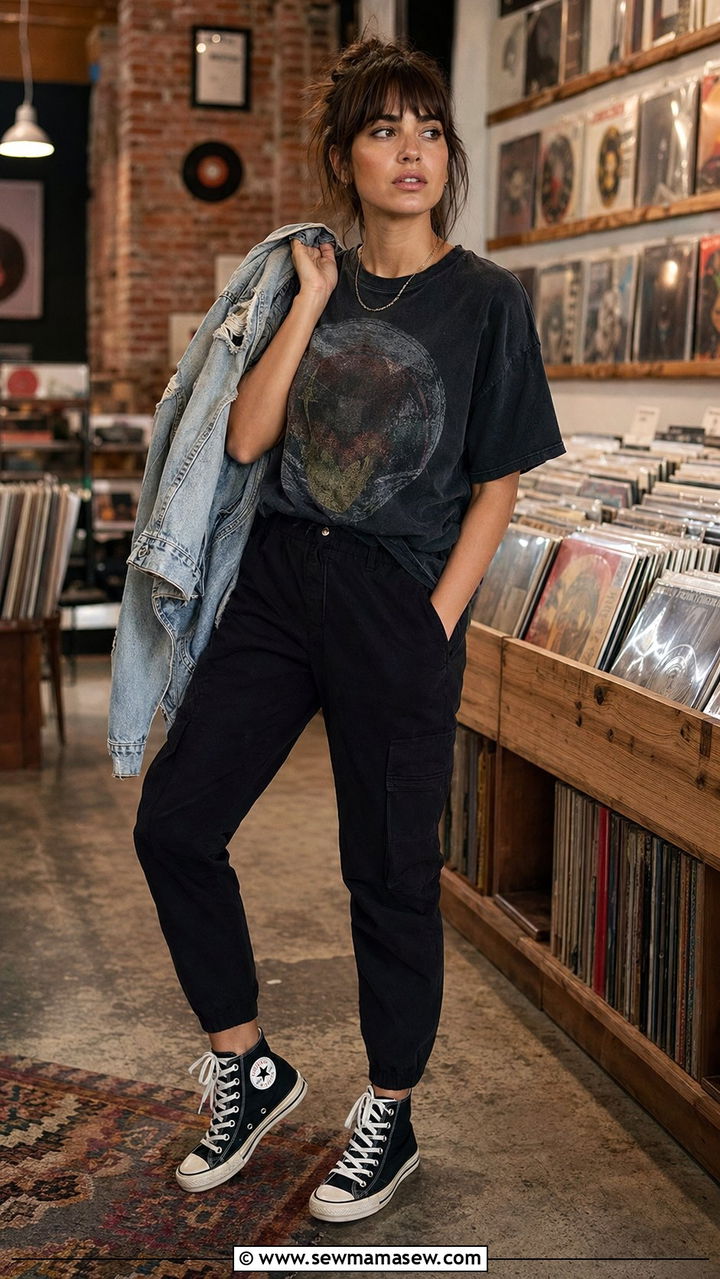 Black Cargo Pants With Band Tee And Converse - 30 Black cargo pants outfit ideas