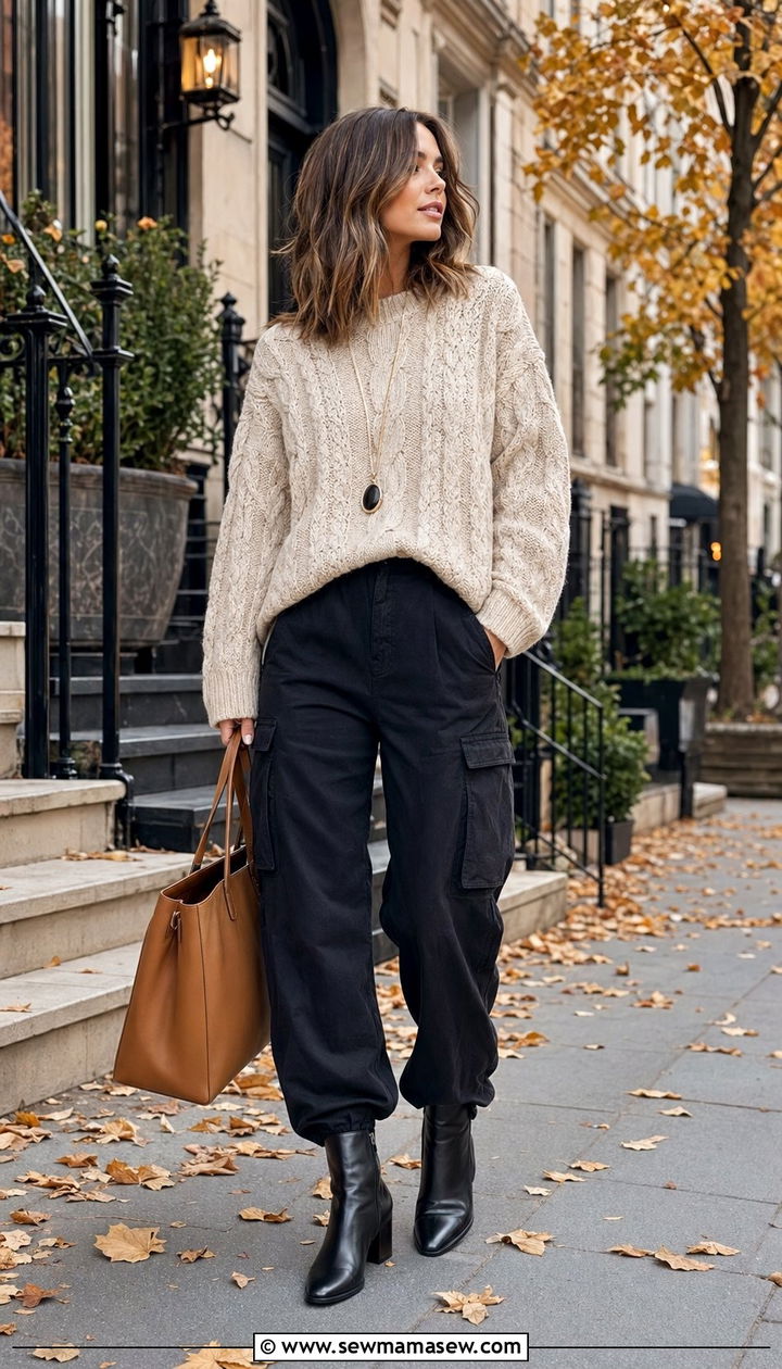 Black Cargo Pants With Chunky Knit Sweater And Ankle Boots - 30 Black cargo pants outfit ideas