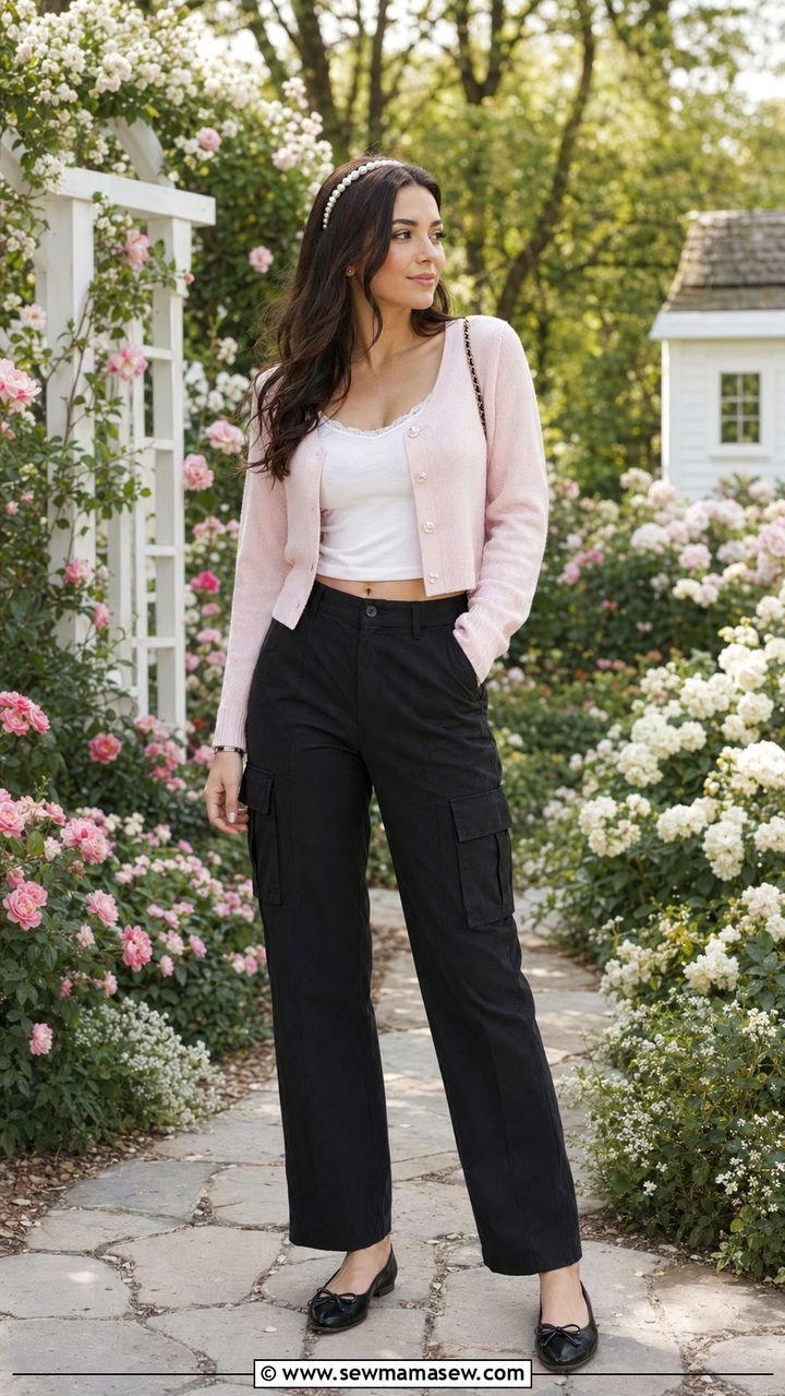 Black Cargo Pants With Cropped Cardigan And Ballet Flats - 30 Black cargo pants outfit ideas