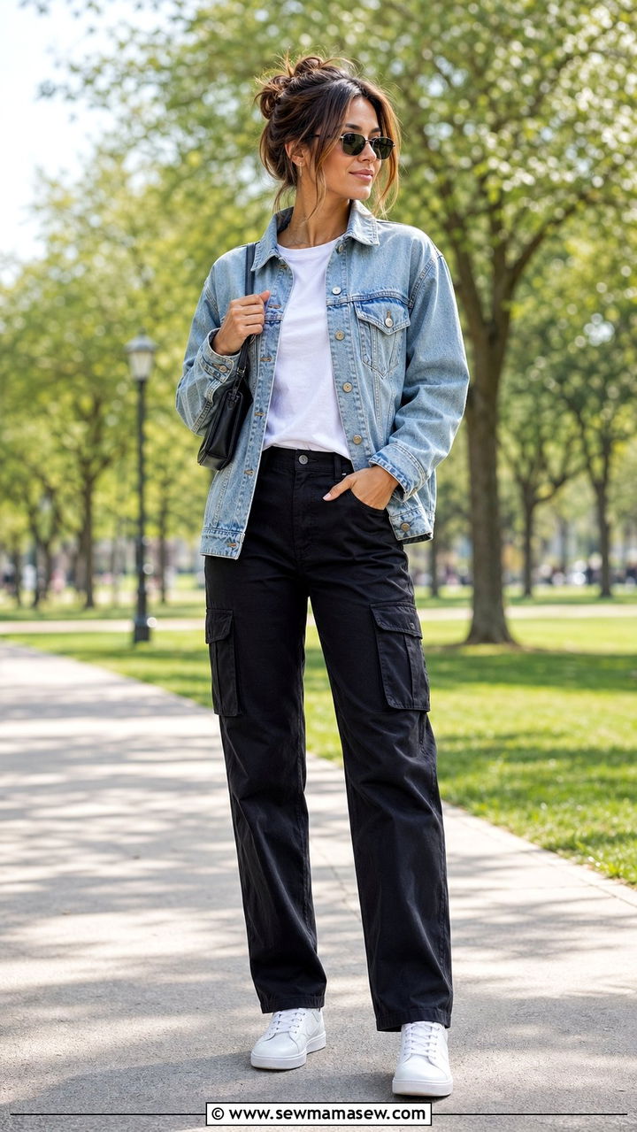 Black Cargo Pants With Denim Jacket And White Tee - 30 Black cargo pants outfit ideas