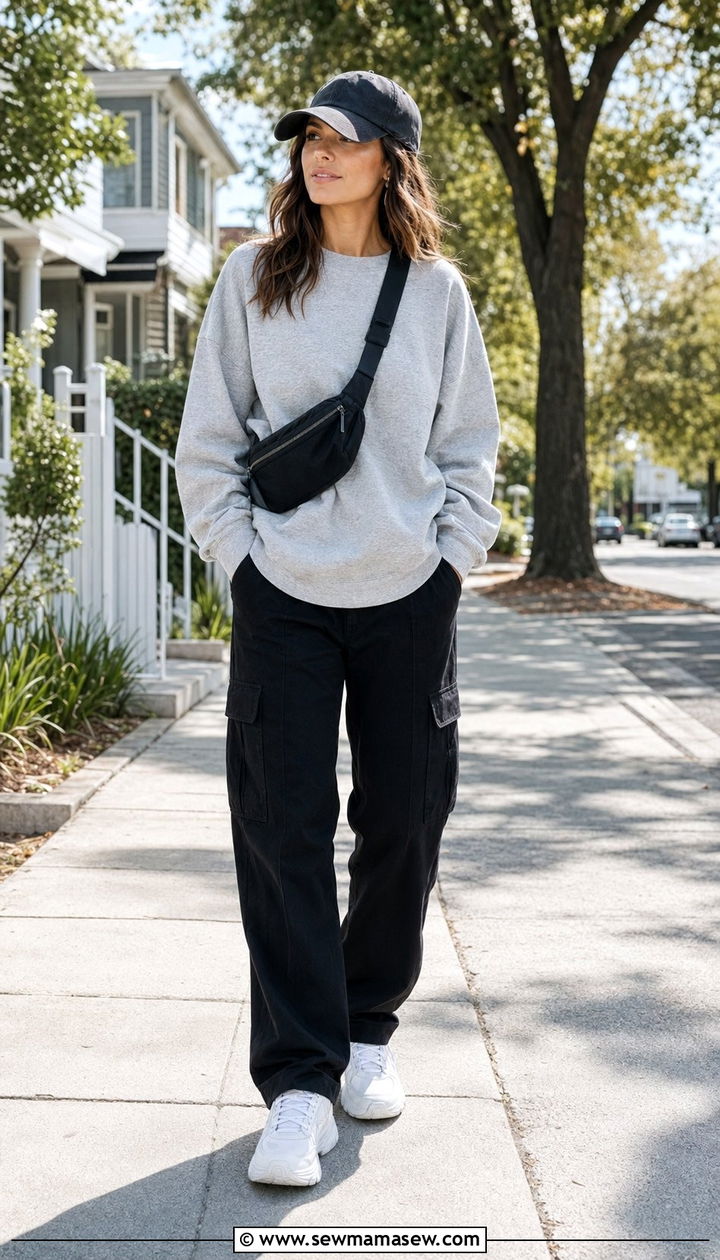 Black Cargo Pants With Gray Crewneck Sweatshirt And Dad Sneakers - 30 Black cargo pants outfit ideas
