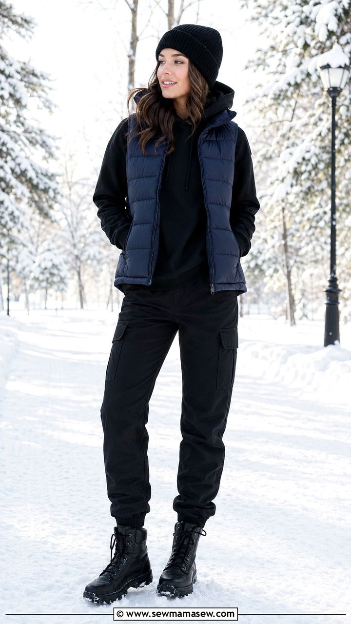 Black Cargo Pants With Hoodie And Puffer Vest - 30 Black cargo pants outfit ideas