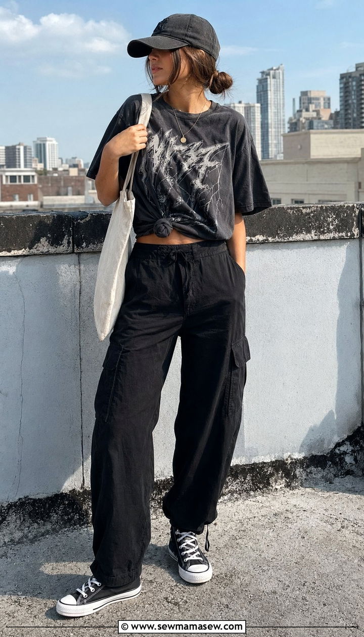 Black Cargo Pants With Oversized Graphic Tee And High Tops - 30 Black cargo pants outfit ideas