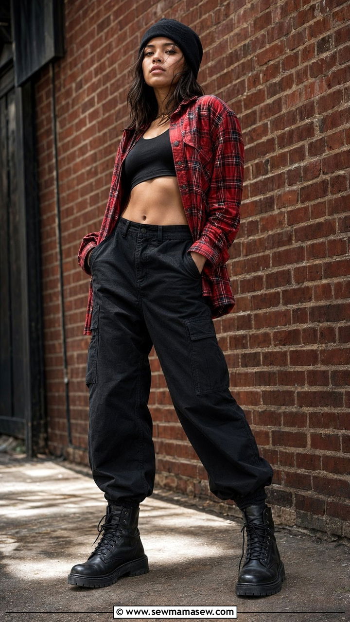 Black Cargo Pants With Plaid Flannel Shirt And Work Boots - 30 Black cargo pants outfit ideas