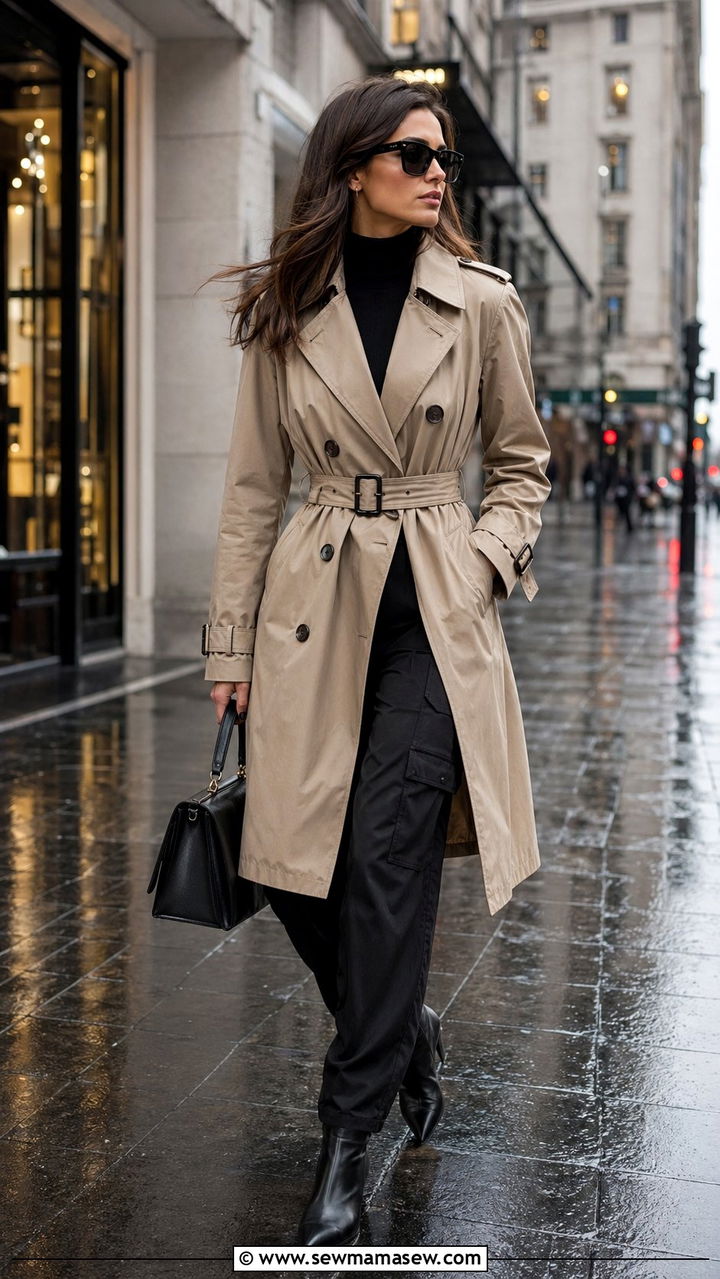 Black Cargo Pants With Trench Coat And Pointed Toe Boots - 30 Black cargo pants outfit ideas