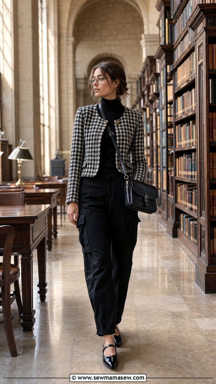 Black Cargo Pants With Tweed Jacket And Mary Janes - 30 Black cargo pants outfit ideas