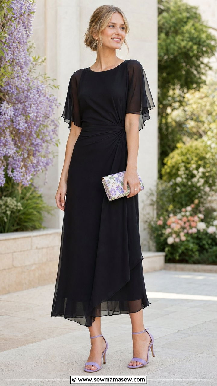 Black Chiffon Overlay Dress With Pastel Heels And Floral Clutch - 30 Black dress outfit ideas for wedding guest