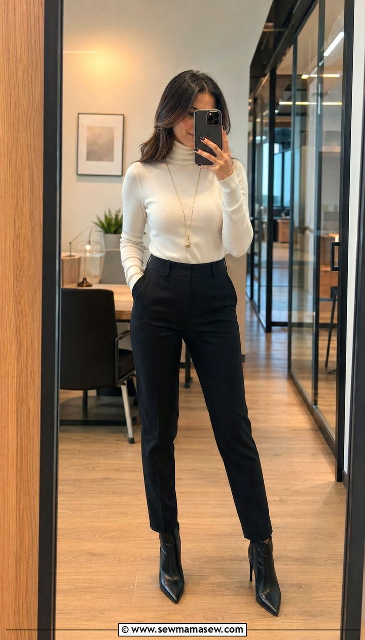 Black Cigarette Trousers With Tucked Turtleneck - 30 Work outfits for petite women