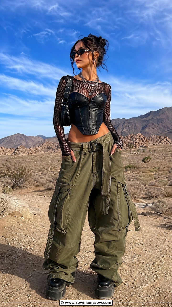 Black Corset Top with Baggy Cargo Pants and Platform Boots - 35 Coachella outfits for women