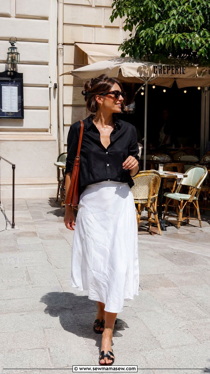 Black Cotton Shirt And White Linen Skirt Outfit - 35 summer black outfit ideas