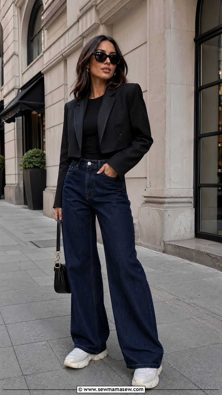 Black Crop Blazer with Dark Blue Jeans and Sneakers Outfit - 35 Spring denim outfits
