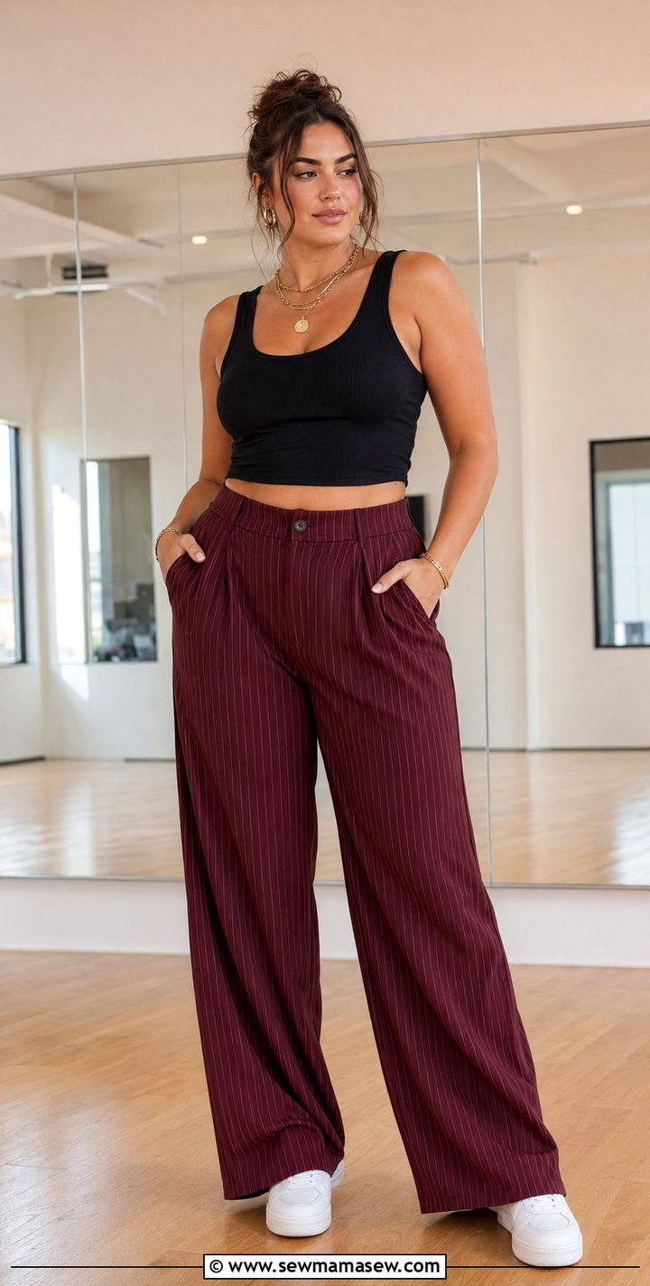 Black Crop Tank With Burgundy Pinstripe Pants - 35 Plus size gym outfit ideas