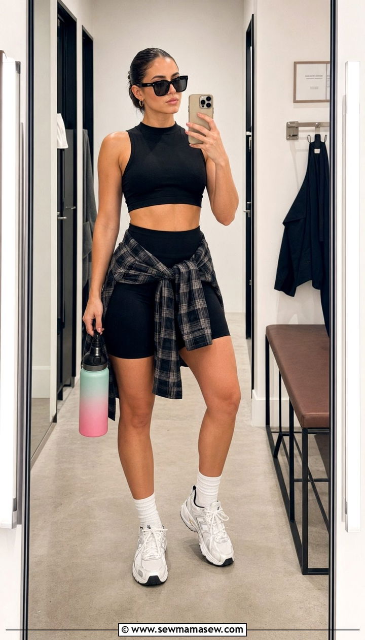 Black Crop Top With Fitted Biker Shorts - 35 pilates outfit ideas