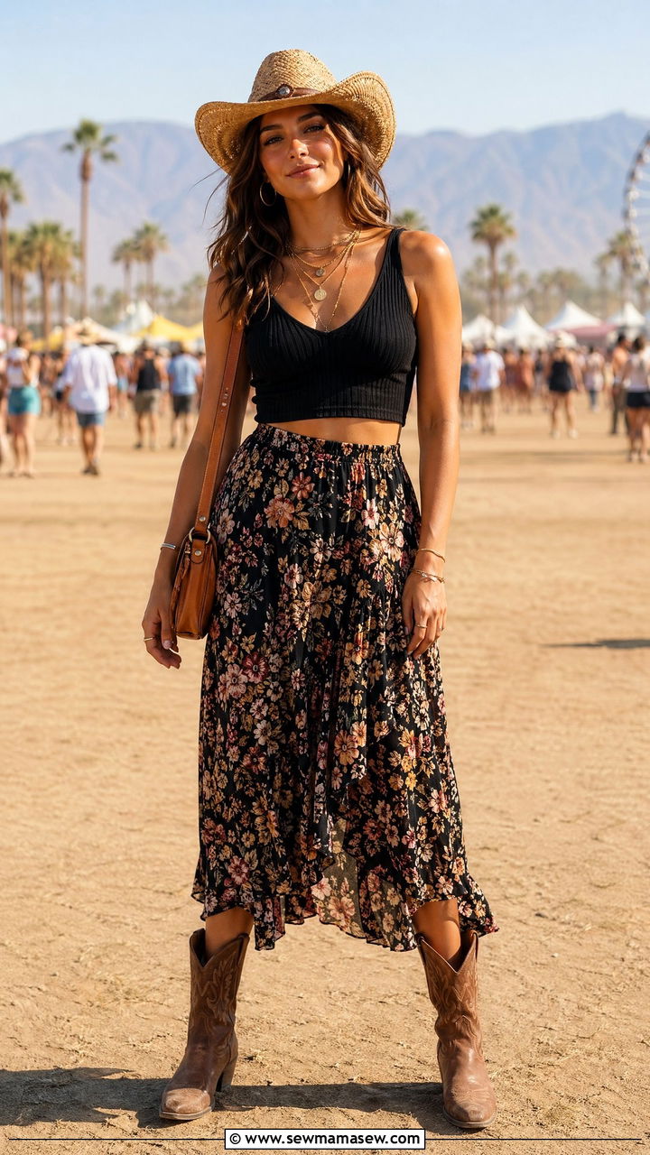 Black Crop Top with Floral Midi Skirt and Brown Cowboy Boots - 35 Coachella outfits for women