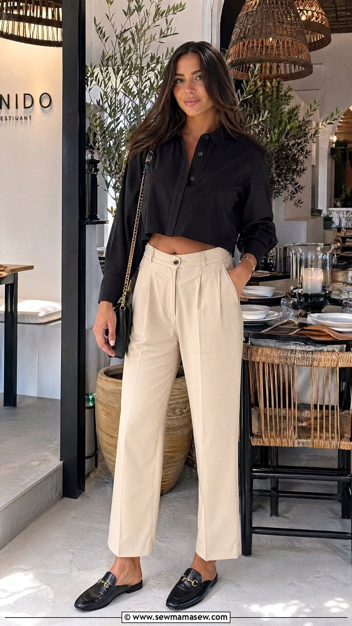 Black Cropped Button Up Shirt With Beige High Waist Trousers - 35 summer minimalist outfit ideas
