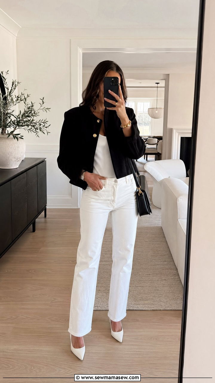 Black Cropped Jacket With White Top And Straight Leg Jeans - 35 spring parisian outfit ideas