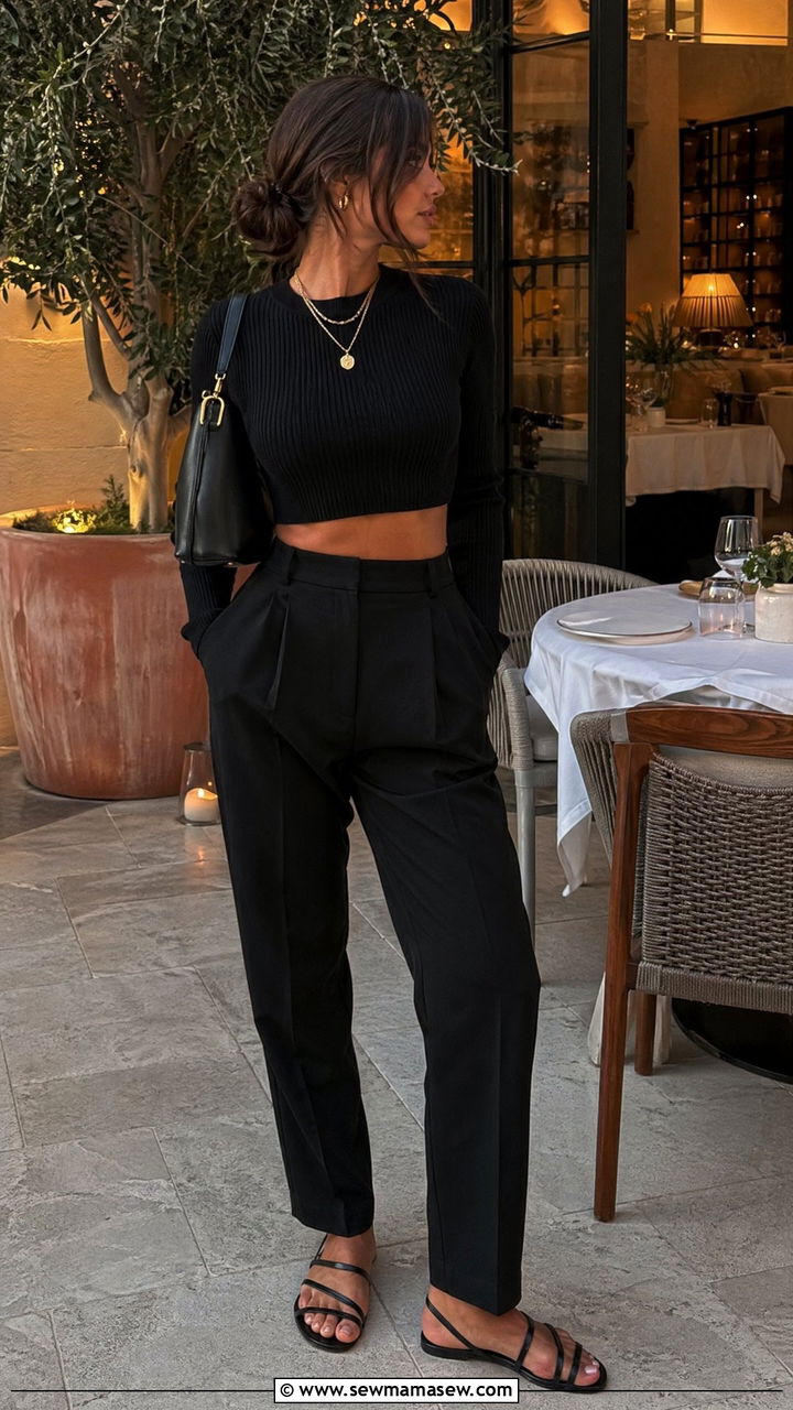 Black Cropped Knit With High Waist Trousers - 35 Spring outfits in black