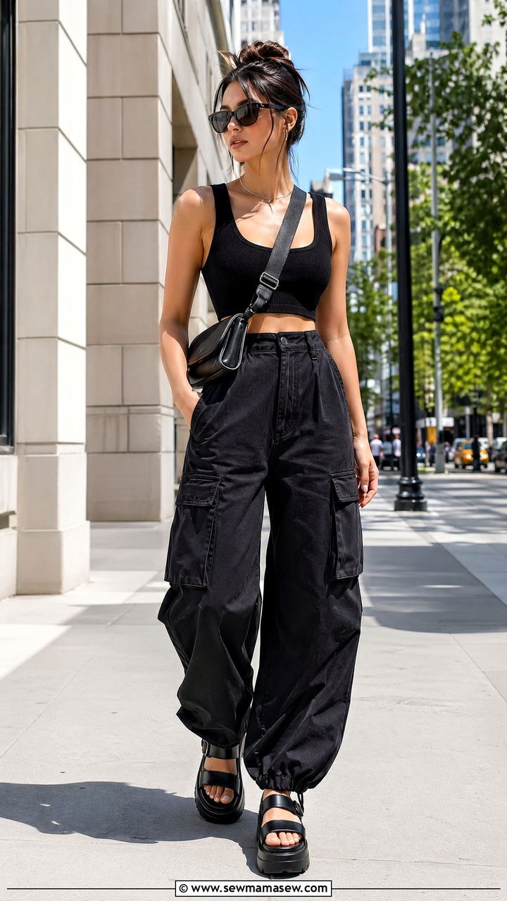 Black Cropped Tank with Black High Waisted Cargo Pants - 35 summer all black outfit ideas